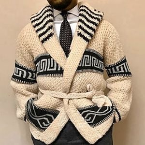 Men's Cardigan Sweater Knit Sweater Ribbed Knit Regular Cropped Knitted Geometric Shawl Collar Warm Ups Modern Contemporary Daily Wear Going out Clothing Apparel Winter Beige M L XL Lightinthebox
