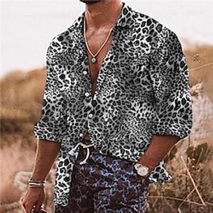 Men's Shirt Leopard Graphic Prints Turndown Black Blue Brown Outdoor Street Long Sleeve Button-Down Print Clothing Apparel Tropical Fashion Boho Designer miniinthebox