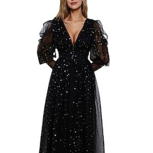 Women's Swing Dress Party Dress Maxi long Dress Black Long Sleeve Pure Color Mesh Patchwork Fall Winter V Neck Party Stylish Elegant Party Puff Sleeve Slim 2022 S M L XL miniinthebox