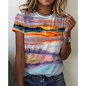 Women's Holiday Abstract Geometric Painting T shirt Graphic Scenery Print Round Neck Basic Beach Tops Rainbow miniinthebox