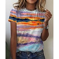 Women's Holiday Abstract Geometric Painting T shirt Graphic Scenery Print Round Neck Basic Beach Tops Rainbow miniinthebox - thumbnail
