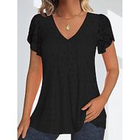 Women's Shirt Blouse Plain Daily Lace Smocked Black Short Sleeve Casual V Neck Summer Lightinthebox