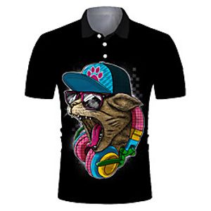 Men's Golf Shirt Tennis Shirt 3D Print Cat Animal Button-Down Short Sleeve Street Tops Casual Fashion Cool Breathable Black / Sports miniinthebox