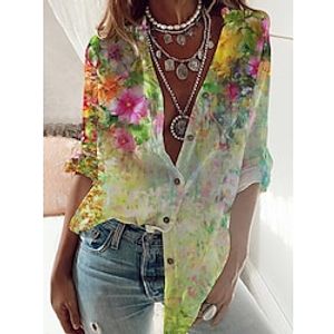 Women's Blouse Floral Daily Weekend Floral Blouse Shirt Long Sleeve Button Print Standing Collar Casual Streetwear Green S / 3D Print miniinthebox