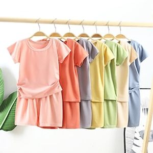 Kids Girls' Pajama Set Short Sleeve Light Pink pea green sky blue lemon Solid Color Crewneck Summer Spring Active Home 3-7 Years Lightinthebox