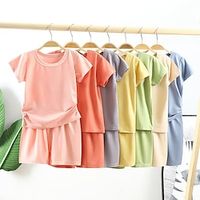 Kids Girls' Pajama Set Short Sleeve Light Pink pea green sky blue lemon Solid Color Crewneck Summer Spring Active Home 3-7 Years Lightinthebox - thumbnail