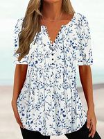 Loose V Neck Short Sleeve Pleated Button-Down Blouses
