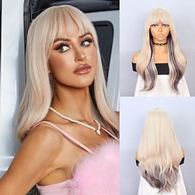 Cosplay Costume Wig Synthetic Wig Loose Wave Loose Curl Neat Bang Machine Made Wig 24 inch Black  Gold Synthetic Hair Women's Fashionable Design Soft Cool Mixed Color Christmas Party Wigs Lightinthebox