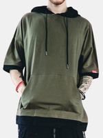 Mens Cotton Loose Elbow Sleeve Hooded Shirt