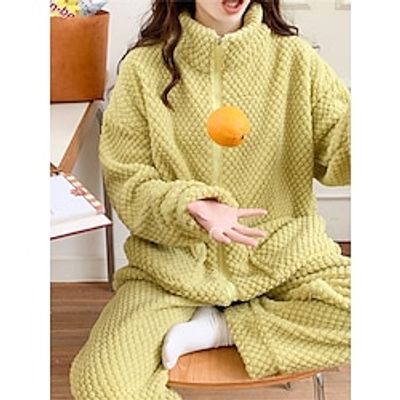 Women's Pajamas Sets Pure Color Plush Casual Comfort Home Bed Flannel Warm Breathable Stand Collar Long Sleeve Cardigan Pant Pocket Fall Winter Pink Purple Lightinthebox