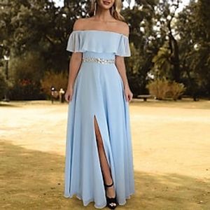 A-Line Empire Elegant Party Wear Wedding Guest Dress Off Shoulder Short Sleeve Floor Length Chiffon with Sash  Ribbon Slit 2022 Lightinthebox