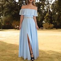 A-Line Empire Elegant Party Wear Wedding Guest Dress Off Shoulder Short Sleeve Floor Length Chiffon with Sash  Ribbon Slit 2022 Lightinthebox - thumbnail