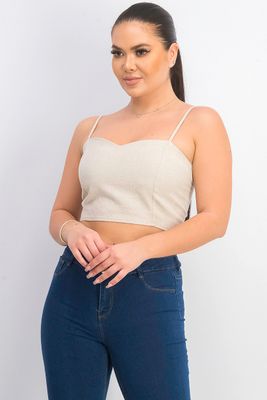 Womens Plain Crop Linen Top Beige Womens Plain Crop Linen Top Beige