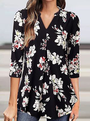 V-neck Casual Loose Floral Print Long Sleeve Blouse V-neck Casual Loose Floral Print Long Sleeve Blouse