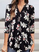 V-neck Casual Loose Floral Print Long Sleeve Blouse