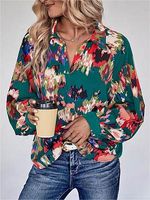 Women's Elegant Retro Floral Print V-Neck Casual Shirt