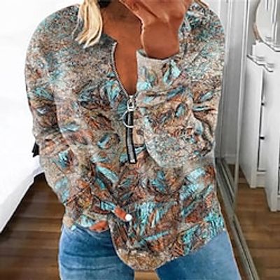Women's Plus Size Tops Pullover Sweatshirt Hoodie Sweatshirt Color Gradient Zipper Print Long Sleeve Round Neck Casual Daily Vacation Polyester Fall Winter Green Blue miniinthebox