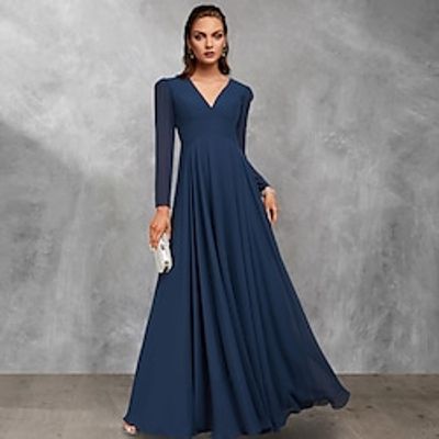 A-Line Mother of the Bride Dress Vintage Elegant V Neck Floor Length Chiffon Long Sleeve with Ruffles Ruching 2023 Lightinthebox