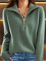 Women's Casual Solid Long-sleeved Sweater Zipper Pullover Sweater