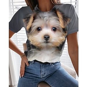 Women's T shirt Tee Gray Dog Print Short Sleeve Daily Weekend Basic Round Neck Regular Painting S miniinthebox
