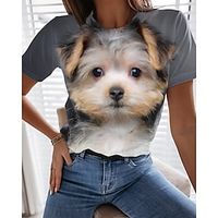 Women's T shirt Tee Gray Dog Print Short Sleeve Daily Weekend Basic Round Neck Regular Painting S miniinthebox - thumbnail