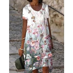 Women's A Line Dress Knee Length Dress White Short Sleeve Floral Print Spring Summer U Neck Elegant Casual 2022 S M L XL XXL 3XL Lightinthebox