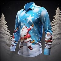 Santa Claus Casual Men's Shirt Daily Wear Going out Fall  Winter Turndown Long Sleeve Blue, Sky Blue S, M, L 4-Way Stretch Fabric Shirt Christmas Lightinthebox - thumbnail