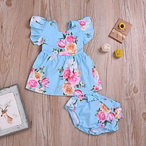 2 Pieces Baby Girls' Basic Floral Print Short Sleeve Regular T-shirt  Shorts Clothing Set Light Blue Lightinthebox