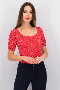 Womens Puff Sleeves Ruched Bodysuit  Red Ditsy Floral