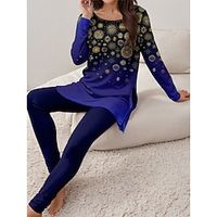 Women's T shirt Tee Pants Sets Graphic Red Royal Blue Blue Print Long Sleeve Outdoor Casual Sports Daily Round Neck Regular Fit Spring   Fall Lightinthebox - thumbnail