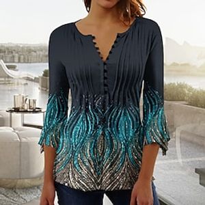 Women's Shirt Blouse Black Blue Graphic Button Print 34 Length Sleeve Casual Weekend Basic Round Neck Regular S Lightinthebox