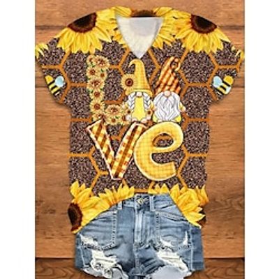 Women's T shirt Tee LOVE Sunflower Valentine's Day Yellow Print Short Sleeve Valentine's Day Casual Holiday Fashion V Neck Regular Fit Spring  Summer Lightinthebox