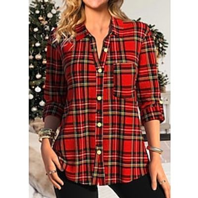 Women's Shirt Blouse Red Plaid Button Pocket Print Long Sleeve Casual Fashion Shirt Collar Regular Fit Spring   Fall Lightinthebox