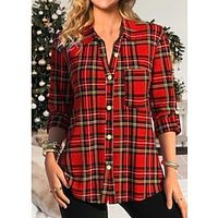 Women's Shirt Blouse Red Plaid Button Pocket Print Long Sleeve Casual Fashion Shirt Collar Regular Fit Spring   Fall Lightinthebox - thumbnail