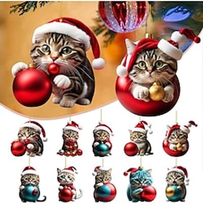 10pcs Christmas Tree Ornaments Cat Hanging Decorations Cute Cat Christmas Ornament 2023 New 2D Acrylic Cat Crafts Hanging Ornament New Year Festive Party Supplies Room Hanging Decor miniinthebox
