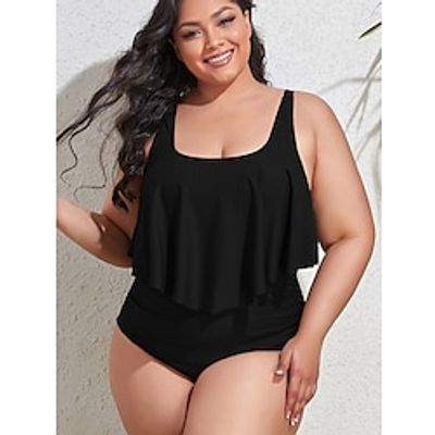 Women's Swimwear Tankini 2 Piece Plus Size Swimsuit 2 Piece Solid Color Black White Tank Top Bathing Suits Sports Beach Wear Holiday Lightinthebox