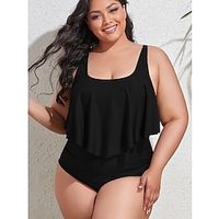 Women's Swimwear Tankini 2 Piece Plus Size Swimsuit 2 Piece Solid Color Black White Tank Top Bathing Suits Sports Beach Wear Holiday Lightinthebox - thumbnail