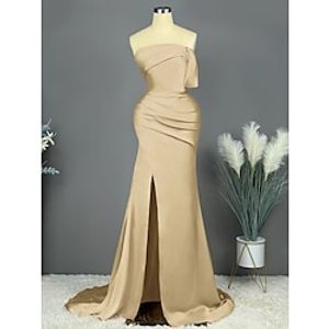 A-Line Evening Gown Elegant Dress Formal Sweep  Brush Train Sleeveless Strapless Satin with Pleats Ruched Slit 2023 Lightinthebox