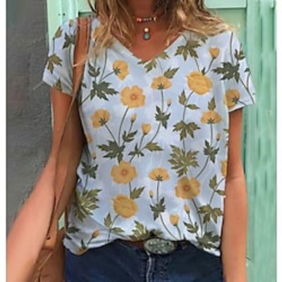 Women's Casual Holiday Weekend Floral Painting T shirt Tee Floral Short Sleeve Print Round Neck Basic Tops Green S  3D Print Lightinthebox