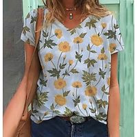 Women's T shirt Tee Flower Casual Floral T shirt Tee Short Sleeve Print V Neck Vintage Green S / 3D Print miniinthebox - thumbnail