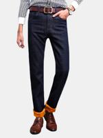 Winter Casual Business Thicken Cotton Slim Denim Straight Leg Mid-Waist Jean for Men