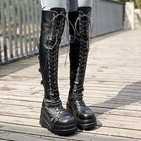 Women's Boots Plus Size Height Increasing Shoes Riding Boots Outdoor Work Daily Over The Knee Boots Buckle Platform Wedge Heel Round Toe Punk Fashion Classic PU Lace-up Solid Color Black miniinthebox - thumbnail