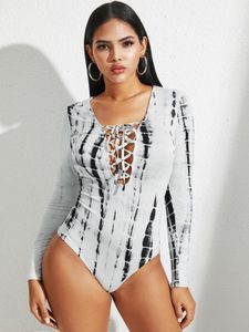 YOINS White Tie Dye Criss-cross Deep V Neck Long Sleeves Bodysuit