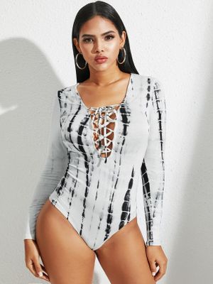 YOINS White Tie Dye Criss-cross Deep V Neck Long Sleeves Bodysuit