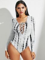 YOINS White Tie Dye Criss-cross Deep V Neck Long Sleeves Bodysuit - thumbnail