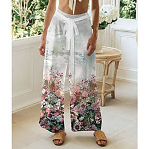Women's Basic Chino Comfort Going out Beach Pants Pants Flower  Floral Landscape Full Length Elastic Drawstring Design Print White Lightinthebox