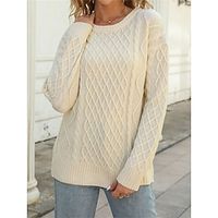 Women's Crew Neck Cable Pullover Sweater Jumper Knit Acrylic Knitted Fall Winter Regular Outdoor Daily Going out Fashion Casual Soft Long Sleeve Solid Color Wine Navy Blue Beige S M L miniinthebox - thumbnail