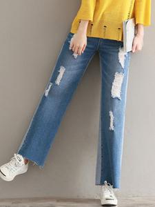 Casual Loose Patchwork Ripped Button Jeans For Women