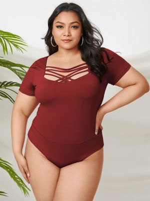 YOINS Plus Size Square Neck Criss-Cross Short Sleeves Bodysuit YOINS Plus Size Square Neck Criss-Cross Short Sleeves Bodysuit
