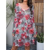 Women's Casual Dress T Shirt Dress Tee Dress Leopard Rose Print Crew Neck Mini Dress Streetwear Street Holiday Long Sleeve Loose Fit Yellow Pink Blue Spring S M L XL 2XL Lightinthebox - thumbnail